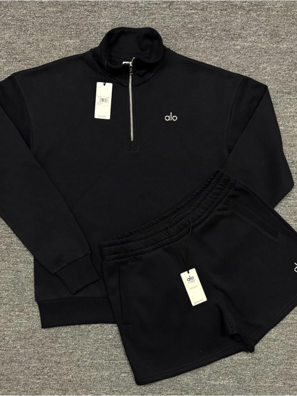 ALO Yoga Black Half-Zip Pullover and Shorts Set